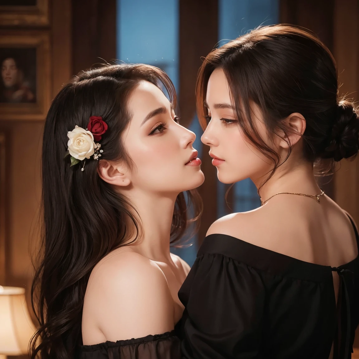 (((A side view that shows both of their bodies))),((masterpiece)),((Highest quality)),((8K)),((Ultra high definition)),((high resolution)),((detailed)),((Perfect body)),((Perfect Face)),(((Two Chinese beauties))),(((中国のprincess))),((Lesbian))、((huge breasts:1.3)),(((Two people lying down))),((Two people lay on top of each other and kiss)),princessの衣装、Very dense makeup、Jet Black Hair、Shiny Hair、Glowing Skin、Super Straight Hair、Long Hair、Bedroom、royal palace、Luxurious and gorgeous、Gorgeous hair ornament、gold、((Bedroomで横になっている))、Royal Family、Yang Guifei、princess、