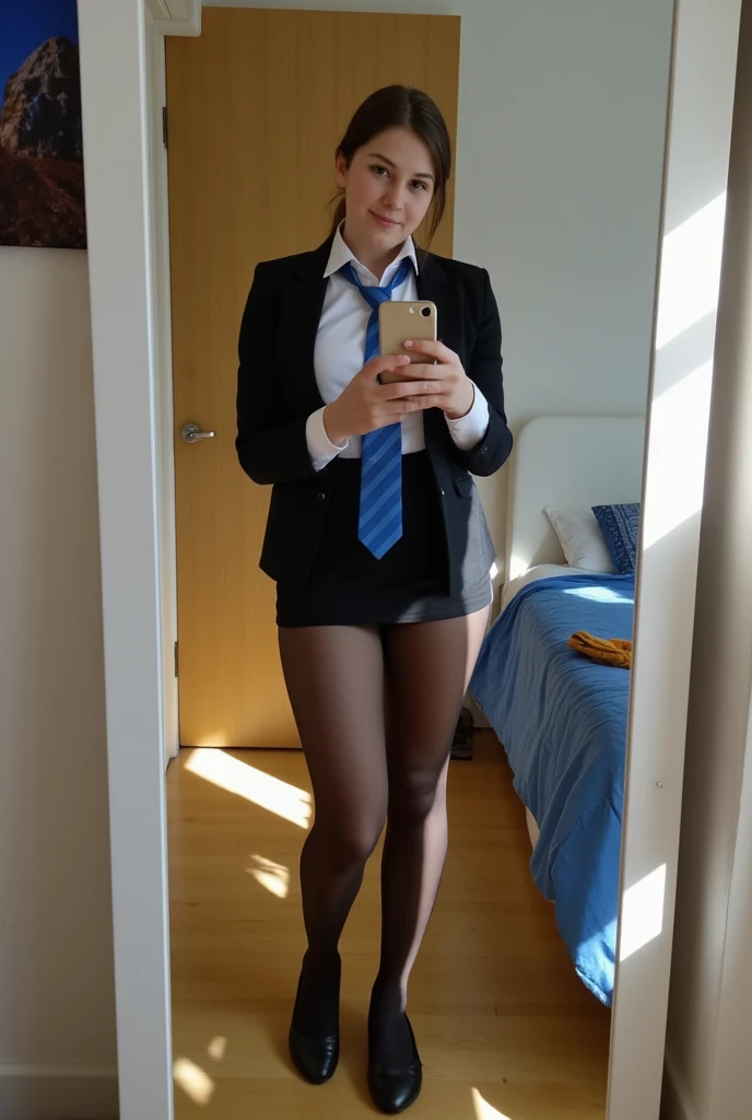 (Masterpiece:1.3), (8K, Photorealistic, RAW Photography, Best Quality: 1.4), Japan, Beautiful Face, (Realistic Face), (Medium Hair:1.3), Realistic Eyes, Beautiful Eyes, (Real Skin), Beautiful Skin, Attractive, Ultra High Definition, Ultra Realistic, High Definition, Beautiful Japan Woman, Navy Suit, Open Jacket, Office Lady, Thick-rimmed Glasses, Suit, Pants, From Back, Open, (Protruding Butt: 1.2), Detailed Face, Hair Up, From Bottom, Smile,