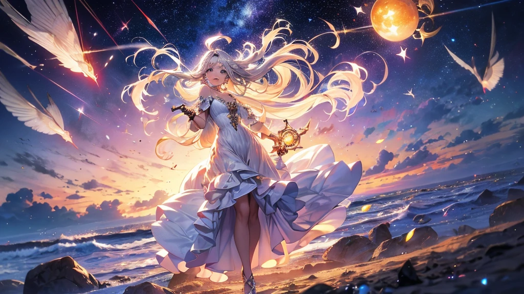 Describe a scene where a cute girl character is lying on a grassy hill, Looking up at the starry sky. Surround her with colorful nebulae and her favorite constellations.