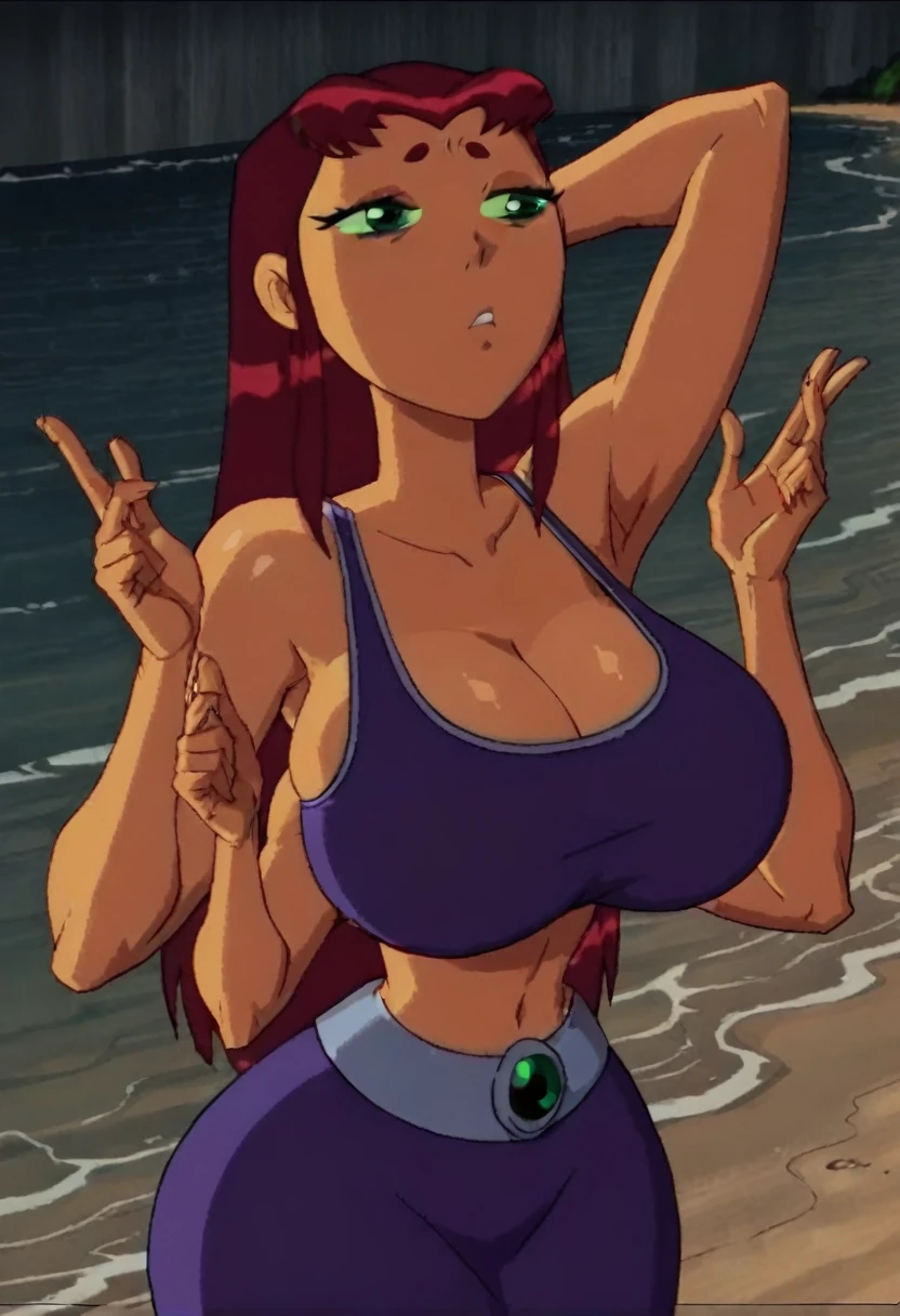 score_9,score_8_up,score_7_up,score_6_up,anime_Font, stare, teen titans style, bimbo body, fake breasts, half closed eyes, extra arms , extra 2 arms, (huge breasts), (huge ass), wide hips, green eyes, beautiful eyes, armpit, long red hair, shiny skin, purple skirt, purple top, sexy posture, big thighs, orange skin