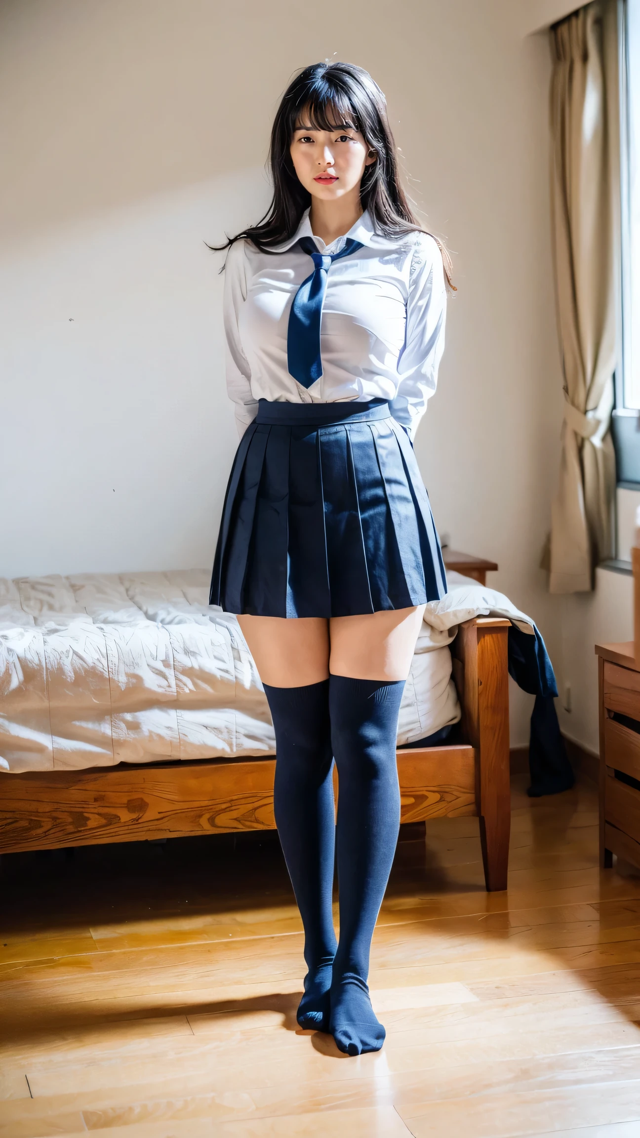 ((8k、 High Resolution 、Best Quality、 High Resolution )))、Age 33、Alone、Natural body shape、 white skin、 natural makeup、(( Black Hair 、bangs、Long straight hair))、((()))、((  school uniform 、White collar blouse、))、(( navy blue pleated skirt))、(Big Breasts:1.3)、((  My upper body is wearing a uniform ))、(((((Looking at the camera)))))、(((((Full body images)))))、(((My thighs and shins are exposed )))、bedroom、  standing with her legs apart  、(((Navy blue socks)))、On the floor