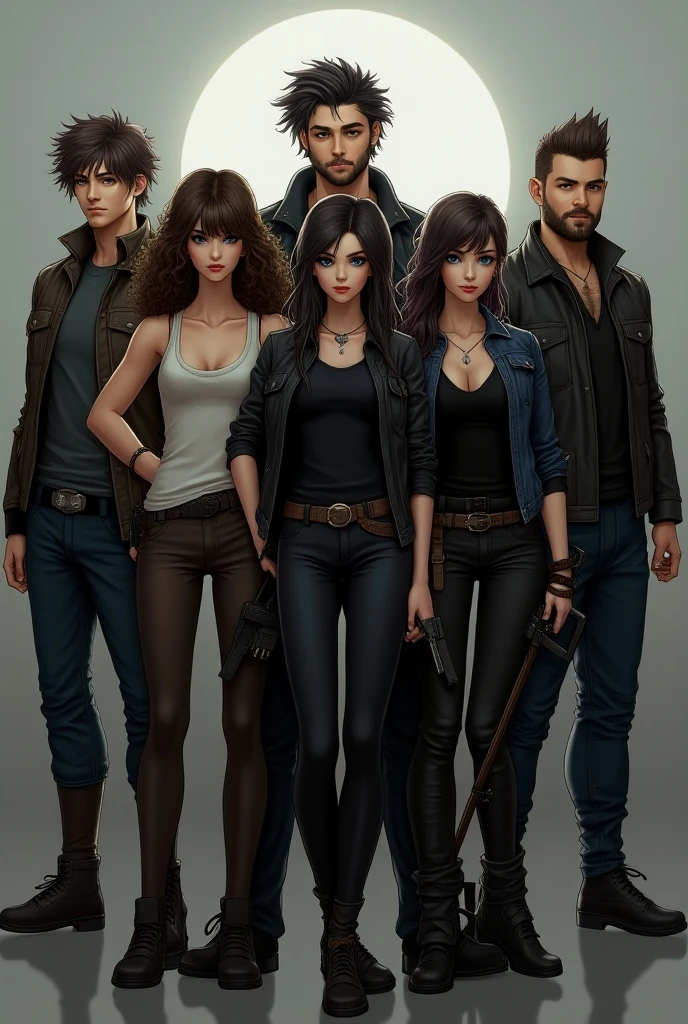 Create an image of 4 characters that will be addressed in my horror story. One of them has to have blonde hair, white color, a leather jacket and jeans, another character has to have black curly hair, wear a white shirt, and blue jeans, another character has to be kind of gothic, wearing dark clothes and being a little gloomy and shy, and finally a girl with short black hair, blue colored eyes, pink shirt with a denim jacket 