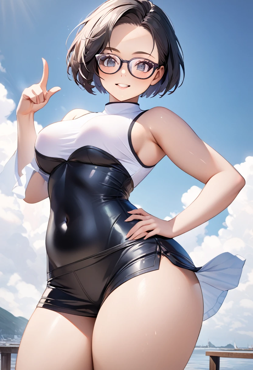 RAWphoto,photorealistic,8k16k,best quality,perfect anatomy,perfect detailed,ultra highres, extremely detailed eyes and face,gleaming skin,shiny skin,1girl,Japanese,black short hair,pixie cut, (wearing glasses:1.3),(parted bangs,forehead:1.2),round face,medium breasts,chubby,thick thigh,huge hip,wearing japanese traditional kimono,bare shoulder,cleavage cutout,big smile,open mouth widely,clenched teeth,nose-blush,full-blush,(A girl pointing to the upper right and upper left:1.7),upper body,white backyard