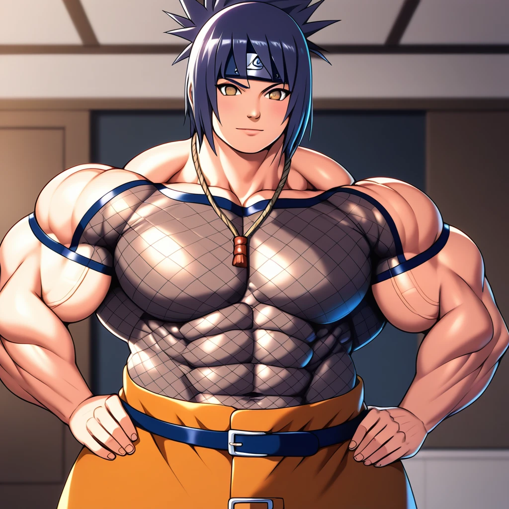 muscular girl, ((((huge)))) girl, (((((flat))))) chest,((((((wide)))))) shoulder, 1girl, ((((thick)))) neck, (((((wide))))) pecs, ((((muscular, muscle, big girl, fat, thick arms, (((large))) torso, pectorals, lat, ((((huge)))) hip)))), straight waist, upper body, anime, japanese anime, japanese animation, very large muscles, naruto, mitarashi anko, mitanko, folded ponytail, black hair, brown eyes, forehead protector, necklace, mesh bodysuit, belt, orange skirt, coat, detailed eyes, detailed mouth, detailed face, detailed faceline, best quality, masterpiece, intricate details, detailed, professional, front view, Upper pectoralis major, Middle pectoralis major, Lower pectoralis major, Trapezius, deltoid, anterior deltoid, middle deltoid, posterior deltoid, Biceps, Biceps long head, Biceps short head, Triceps, Triceps medial head, Triceps Lateral Head, Triceps long head, Sternocleidomastoid, Platysma, Forearm Muscles, Serratus anterior, Oblique abdominal muscles, Rectus abdominis, abs, Transverse abdominis, Gluts, gluteus maximus muscle, Gluteus medius muscle, Tensor fasciae latae muscle, quads, Rectus femoris muscle, Vastus lateralis muscle, Vastus intermedius muscle, Vastus medialis muscle, hamstring, Biceps femoris muscle, Biceps femoris long head, Biceps femoris short head, Semimembranosus, Semitendinosus, Adductor magnus muscle, surae muscle, Triceps surae muscle, Gastrocnemius muscle, Soleus muscle