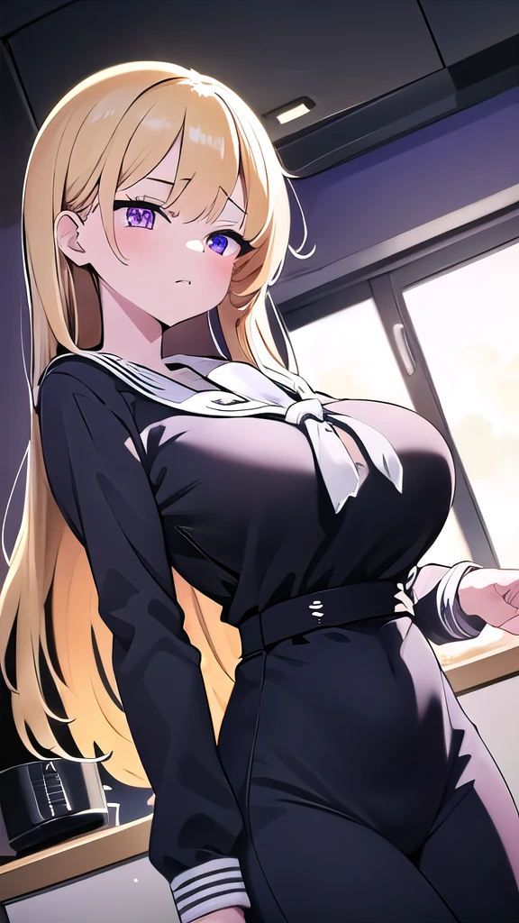  1 girl、,  Blonde , Golden Hair、Long Hair, Curly hair、Purple Eyes , 1 girl 、kitchen、breakfast、Bitch、Tempting、Big Breasts、 clevis,Pink Lip、night、Best Shadow,  Best Lighting、Black and white sailor suit、 is standing、