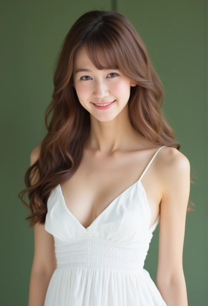 one beautiful lovely women, ((grinning)),Skinny Japanese young woman,)),Sexy, Detailed face, beautiful eyes, bangs, medium breasts, very thin waist, Light Brown wavy Hair, Faint lips, ((standing at front, Staring at the viewer,)), white summer dress, pleated skirt, light brown, long wavy hair, stylish, cozy, casual fashion, (full-body photo) , sexy Shot 