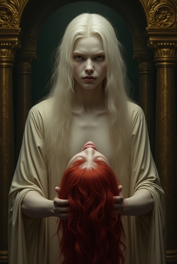 (masterpiece, best quality, 4k, hyperrealistic, dreamlike, Dark Souls:1.35), (pale albino ageless immortal weak slender androgynous male parasitic impotent god with claws fangs long hair beautiful eyes flat chest male crotch bulge weak stomach and groin pain, your love:1.5)