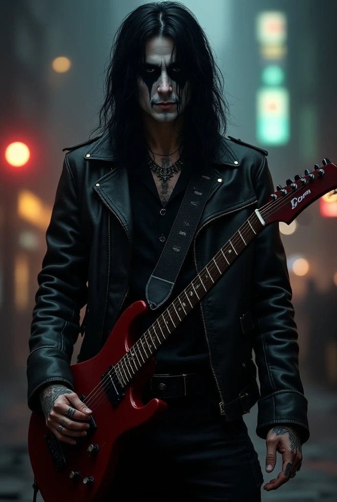 Brandon Lee Eric Draven with long hair holding a guitar