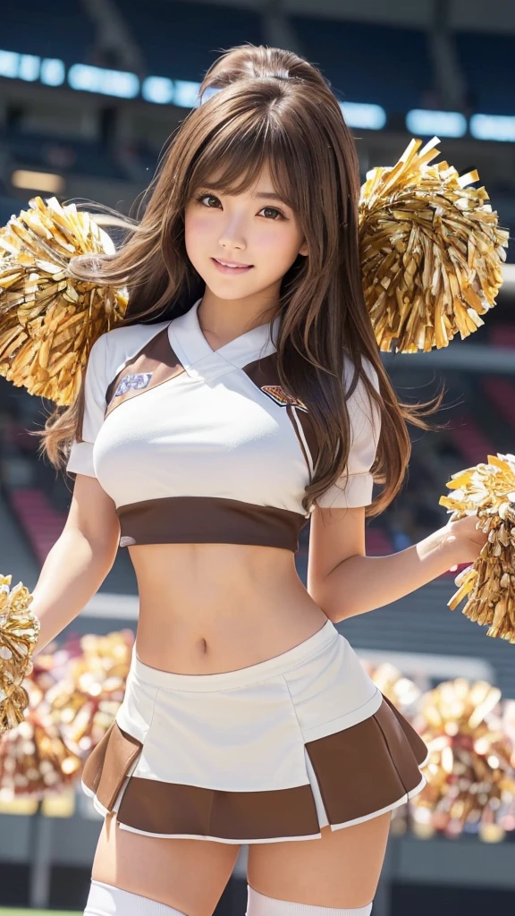 8K, muste piece, Raw photo, best quality, photorealistic, Highly detailed CG unity 8k wallpaper, Depth of the bounds written, cinematic light, realistic skin, lens flare, ray trace, 1 girl japanese, (extremely beautiful face), beautiful lips, beautiful eyes, (intricate detail face), ((Super detailed skin)), in the darkness, deep shadow, (very slim and slender fit muscular body:1.3), (a big smile:1.3), make eyes clear, walking , front shot, pale skin, (blown hair), open navel, (Looking at Viewer:1.3), (very slim), ((small breasts)), (tall,slender face), model body shape, (full body), ((slender:1.5)), standing, ((background sports stadiums:1.3)), (from front), high quality, photorealistic, highly detailed, (show off nipple:1.4), ((bare pussy:1.2)), ((pubic hair:1.3)), (bottomless:1.5), (cheerleader:1.3), (thigh-high socks), (swet:1.3), ((lower body is exposed:1.4)),