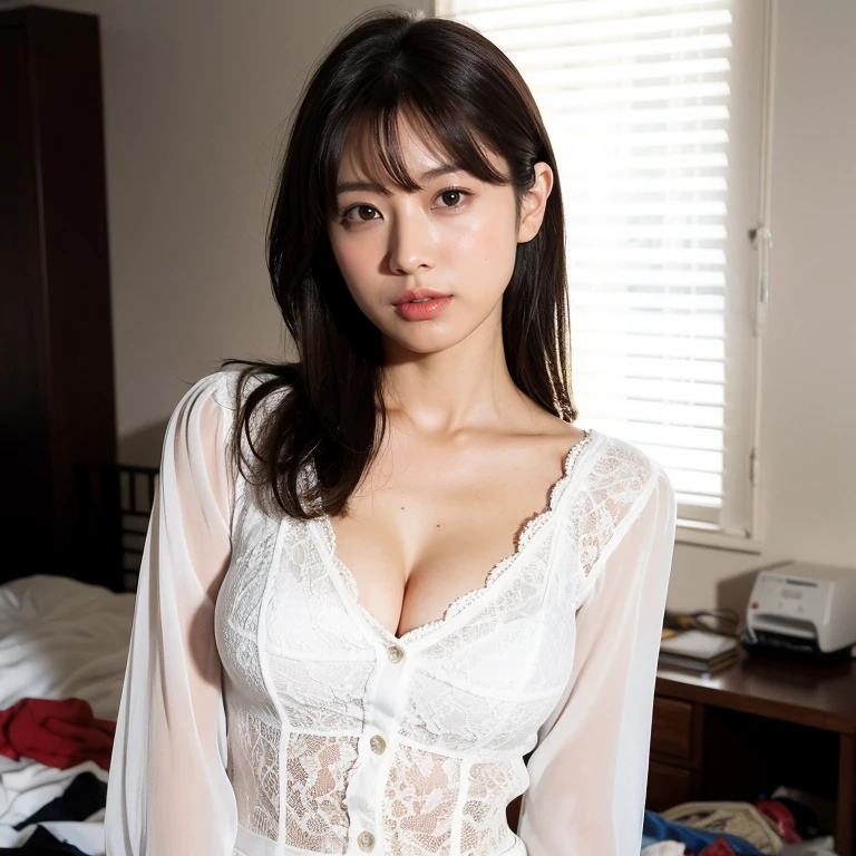 Highest quality、8k、masterpiece、Realistic, Sharp focus, High resolution, High resolution, Portraiture, alone, Japanese, Beautiful woman, From above,((Dynamic pose)),Blouse with cleavage visible, Glamour body,(Cluttered Background, Messy room:1.3), Dark Background、((Open your mouth、close your eyes))