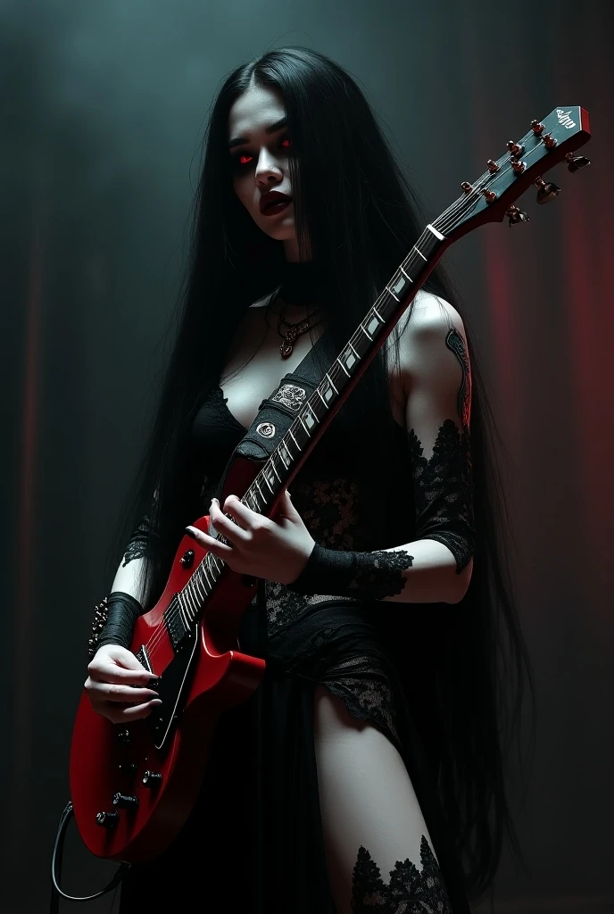 a buff tall emo pale vampire gothic woman evil smug snarling shredding bloody guitar glowing hex circle magic infusion design behind her , depicting occult themes,