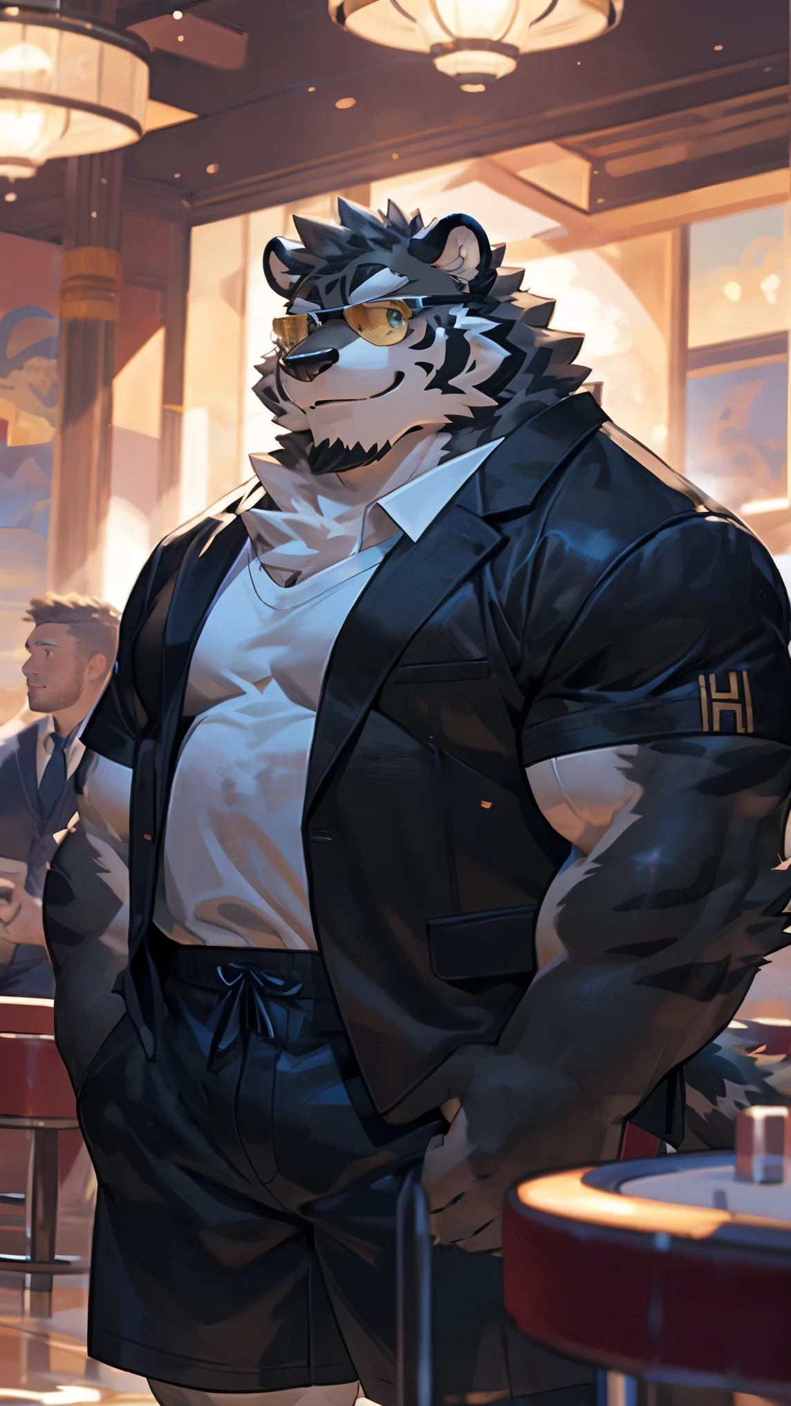 solo, furry, furry male, tiger ((fluffy body, fluffy fur, furry body)), (tiger print, orange body), (skinny body:1.2), lean body, defined muscles, thick stripes, black stripes, (short hair, black hair, spiked hair), golden eyes, expressive eyes, pink nose, black clothes, baggy clothes, (black overcoat, blue undershirt, (button-up shirt), aviator overcoat, military jacket, military attire), (hands in pockets), silver buttons, silver trimming, leather belt, worn leather belt, brown leather pants, close-view portrait, full body, underground subway station, indoors, incandescent lighting, graffiti walls, bench, (by null-ghost, by darkgem, masterpiece, absurdres, hi-res,4k,high quality), leaning, closed mouth, serious expression, confident,
