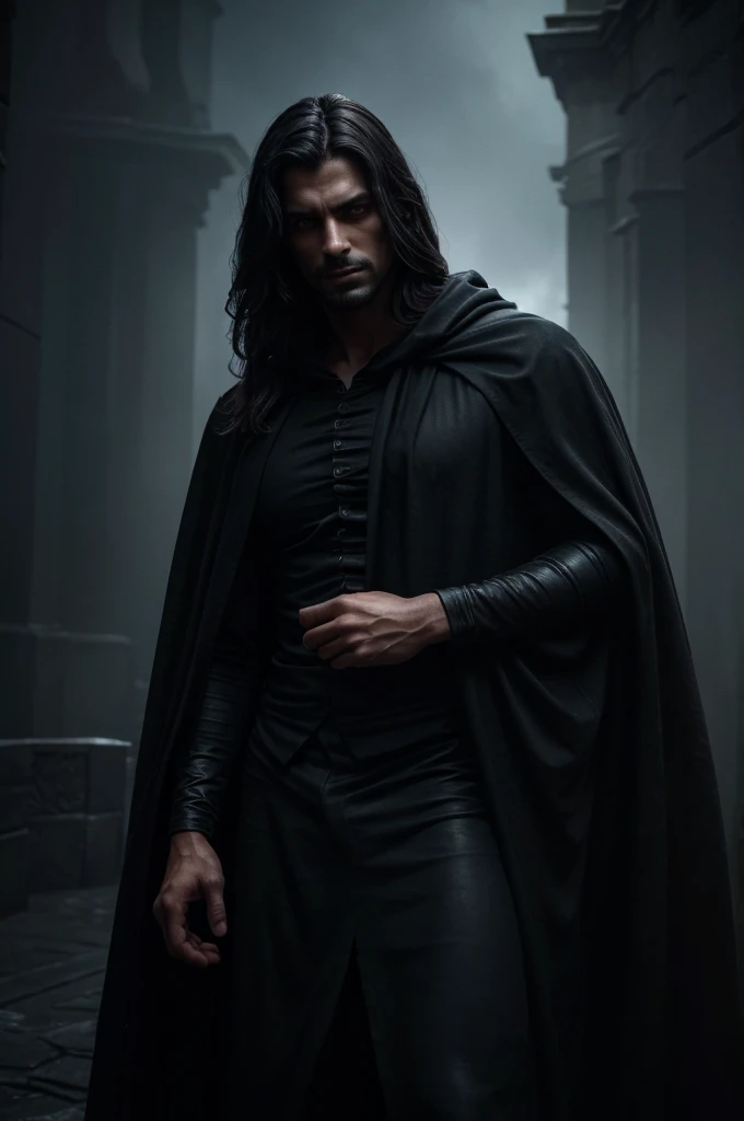 A handsome skinny undead male with long flowing black hair, beautiful detailed eyes, beautiful detailed lips, extremely detailed face and features, dark and brooding expression, wearing a long black cloak, standing in a dark and moody landscape, dramatic lighting, cinematic composition, muted color palette, horror atmosphere, (best quality,4k,8k,highres,masterpiece:1.2),ultra-detailed,(realistic,photorealistic,photo-realistic:1.37)