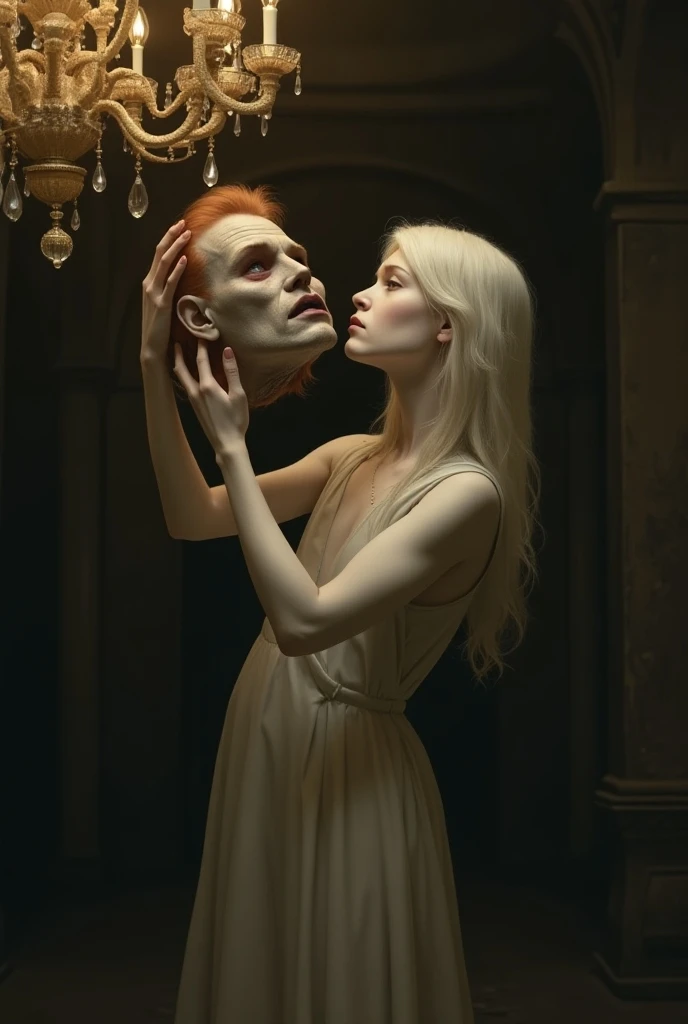 Classical painting of a mourning woman crying and peeling apples, looking out window, gloomy, painful, dramatic, her husbands ghost is reaching for her lovingly 