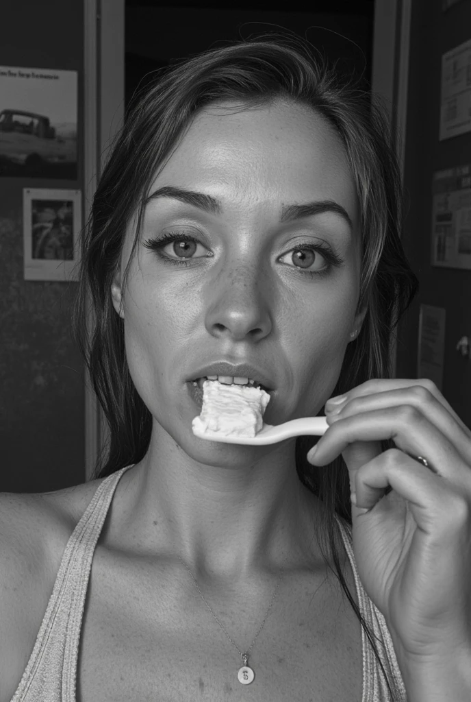 
The image is a detailed and fine-grained black-and-white photograph that showcases a raw, candid moment of a young auburn female person, Aline Zenger, with light grey eyes, brushing their teeth. The following elements define the photographic style and technique:

1. **Black-and-White Aesthetic**: The choice of black-and-white film emphasizes contrast, texture, and emotion rather than relying on color to tell the story. This often gives the image a timeless, classic quality, enhancing its rawness and intimacy.

2. **Close-Up and Personal**: The framing is tight, focusing on the subject’s face and the action of brushing their teeth. This brings the viewer into a very intimate space, making the everyday action feel more significant.

3. **Candid Expression**: The subject seems unaware of the camera, or at least unfazed by it. This kind of candid photography gives the image a documentary or voyeuristic feel, capturing an unfiltered moment of routine.

4. **Natural Lighting**: The lighting appears soft and diffused, possibly natural or from a simple source such as bathroom lights, avoiding harsh shadows. This enhances the photograph’s casual, unposed quality.

5. **Wet Hair and Minimal Makeup**: The subject's slightly disheveled look (wet hair, minimal makeup) adds to the raw authenticity of the shot. This emphasizes the "behind-the-scenes" nature of the image, depicting the subject in an everyday, personal moment.

6. **Focus and Texture**: The photograph has clear detail on the face and toothbrush, bringing out the texture of the toothpaste and water droplets. The slightly messy, imperfect look of the toothpaste adds to the realism of the scene.

Overall, the style is reminiscent of documentary or street photography, where the emphasis is on capturing real, unstaged moments in people's lives. It combines intimacy, authenticity, and a stripped-down visual approach to evoke a deeper emotional response.
