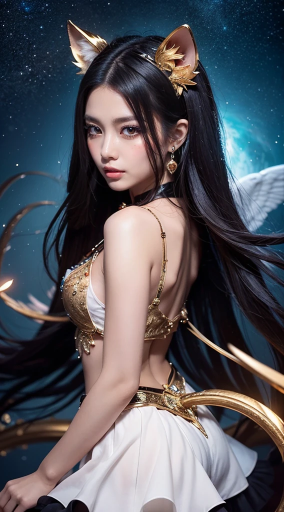 Unbeatable masterpiece, Ultra photo realsisim, Perfect artwork, Intricate details, Best quality, Strong light, 1girll , long flowing hair, medium breast, sexy, beautiful face, high detailed face, Become a Chinese phoenix , Metamorphosis , The moment of transformation towards perfection ,Black dress, Emeralds and gold , Super detail , Bokeh photography , (soft focus):1.2 , Out-of-focus highlights ,Fantastical Atmosphere , The fascinating depth of the glowing circle