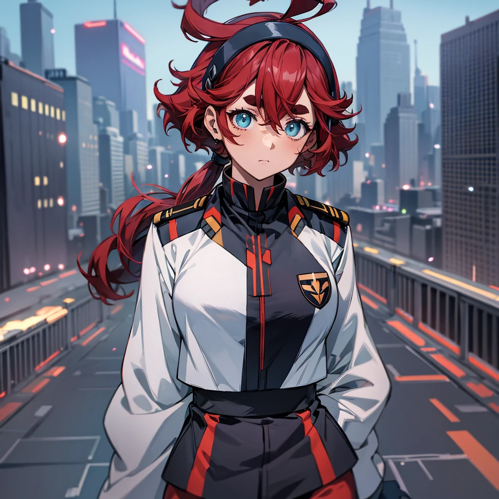 Top quality, full body, sulletamercury, sulleta mercury, ahoge, aqua eyes, black hairband, hair between eyes, hairband, long hair, low ponytail, red hair, swept bangs, thick eyebrows, BREAK asticassia school uniform, jacket, long sleeves, school uniform, white jacket,Cyberpunk cityscape as background