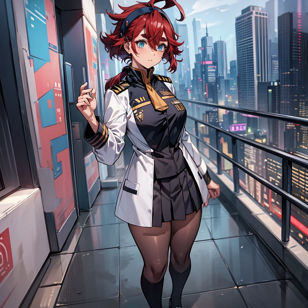 Top quality, full body, sulletamercury, sulleta mercury, ahoge, aqua eyes, black hairband, hair between eyes, hairband, long hair, low ponytail, red hair, swept bangs, thick eyebrows, BREAK asticassia school uniform, jacket, long sleeves, school uniform, white jacket,Cyberpunk cityscape as background