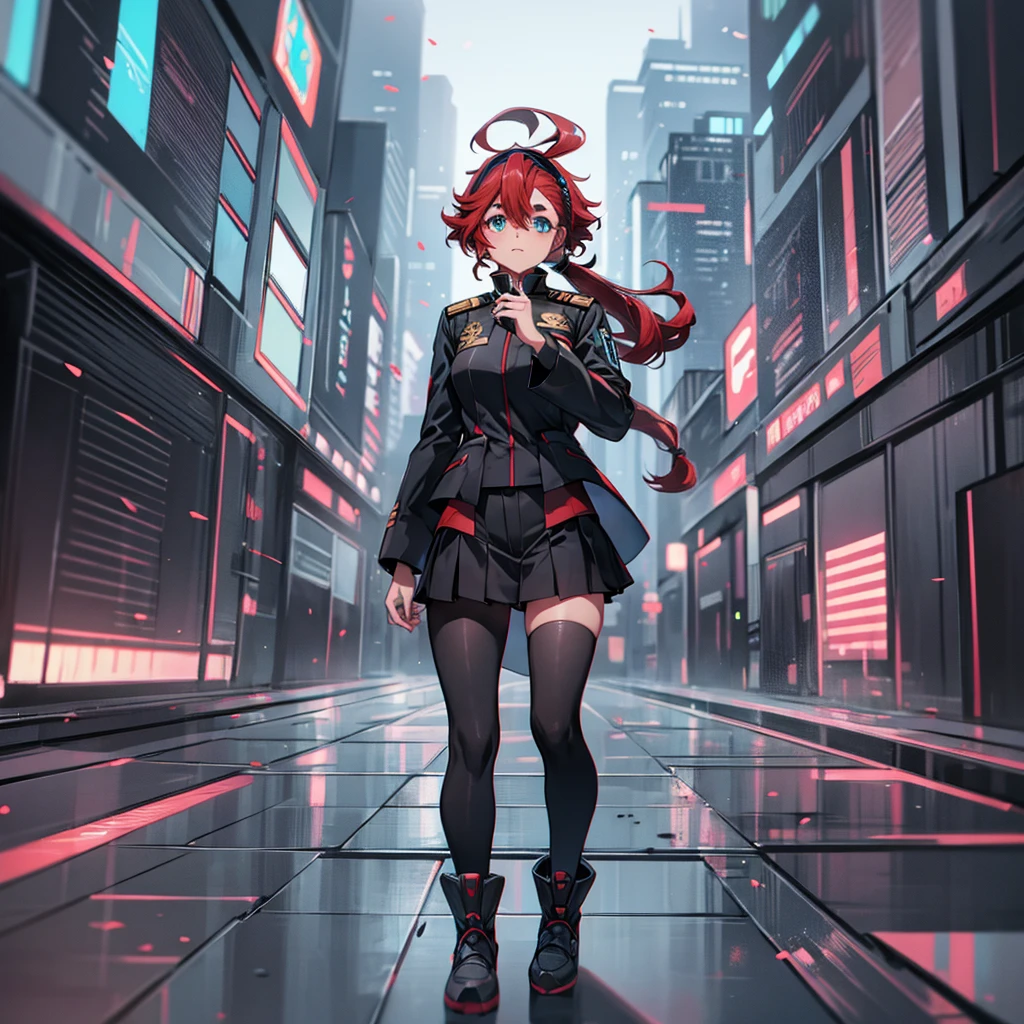 Top quality, full body, sulletamercury, sulleta mercury, ahoge, aqua eyes, black hairband, hair between eyes, hairband, long hair, low ponytail, red hair, swept bangs, thick eyebrows, BREAK asticassia school uniform, jacket, long sleeves, school uniform, white jacket,Cyberpunk cityscape as background