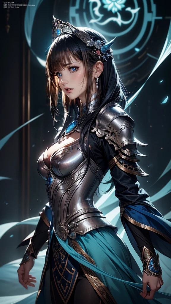 Detailed portrait of a young woman in a silver and blue dress, close, Art Station by Chen Wei Pan, Jan J, intricate fantasy art, Amazing character art, Top quality Art Station fan art, Magnificent and elaborate character art, Beautiful Armor, Very exquisite work of art, Detailed digital anime art, artgerm&#39;s art station pixiv, Armored Girl, Buckshot, whole body.