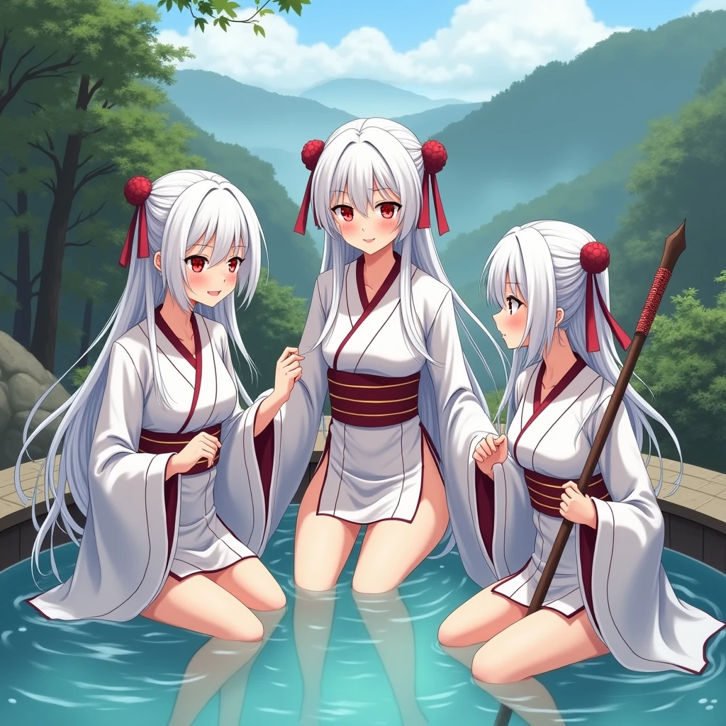 light blue hair,Hair style is twin tails,light blue eyes,white skin,Elf two-dimensional beautiful girl,smile,Thick body type,Hot spring,bathing naked,beautiful nipples,with five Elf two-dimentional beautiful girls, looking at viewer, blush, smile, open mouth, bangs, hair between eyes, bare whole of body, outdoors, day, water, tree, streaked hair,cherry blossoms, onsen, no any things that hide the body, (blizzard of falling cherry blossoms )