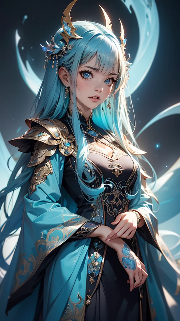 Detailed portrait of a young woman in a silver and blue dress, close, Art Station by Chen Wei Pan, Jan J, intricate fantasy art, Amazing character art, Top quality Art Station fan art, Magnificent and elaborate character art, Beautiful Armor, Very exquisite work of art, Detailed digital anime art, artgerm&#39;s art station pixiv, Armored Girl, Buckshot, whole body.