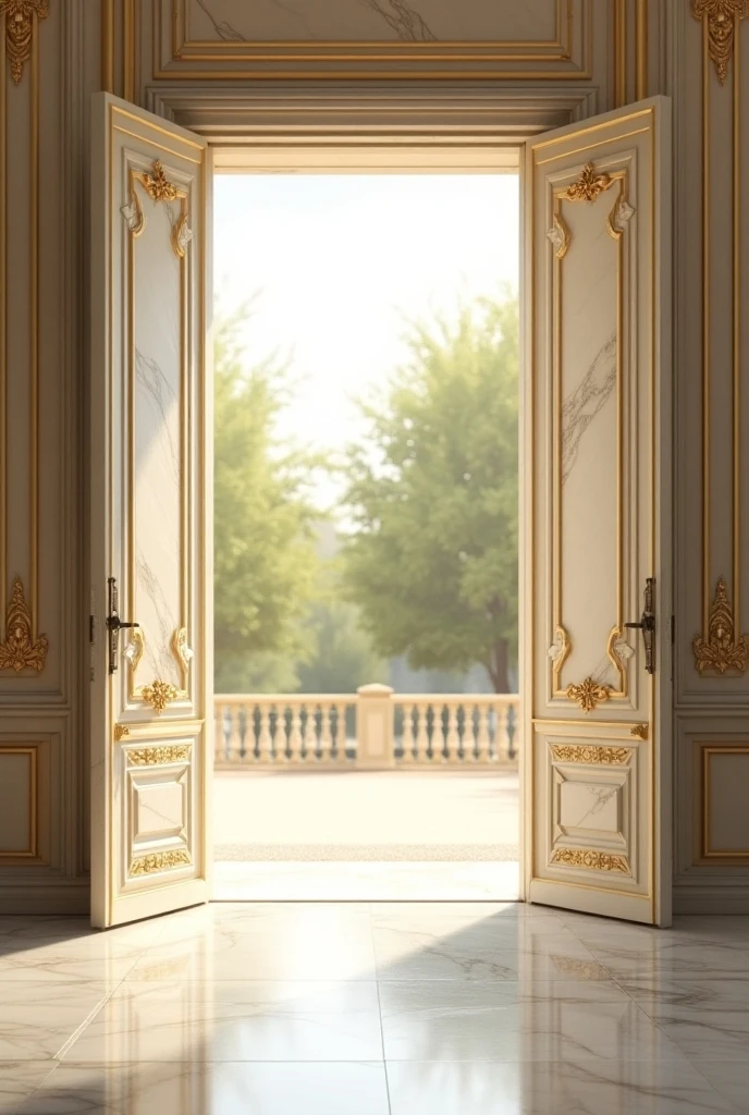 Draw a wide rectangular double-leaf white palace door with golden decoration and a golden pattern above it, wide open towards outdoor, the door is brightly lit from the room.