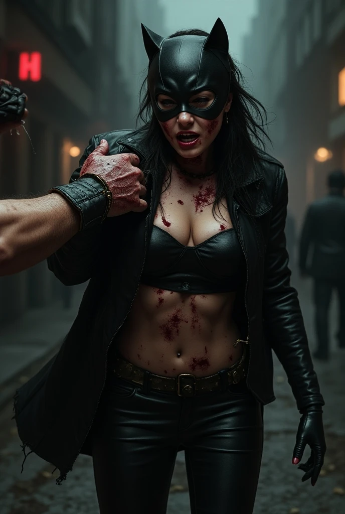 An ultra hot gorgeous European woman, age 23, in action pose,  she’s holding a katana. Body covered of blood and blood splatter.bloody face, bloody clothes, bloody body. She’s full of fury and anger. Outside, in the snowy streets of a town after a disaster. Flames, heavy smoke. Sparkles, explosions. Dramatic cinematic light. Dark atmosphere.