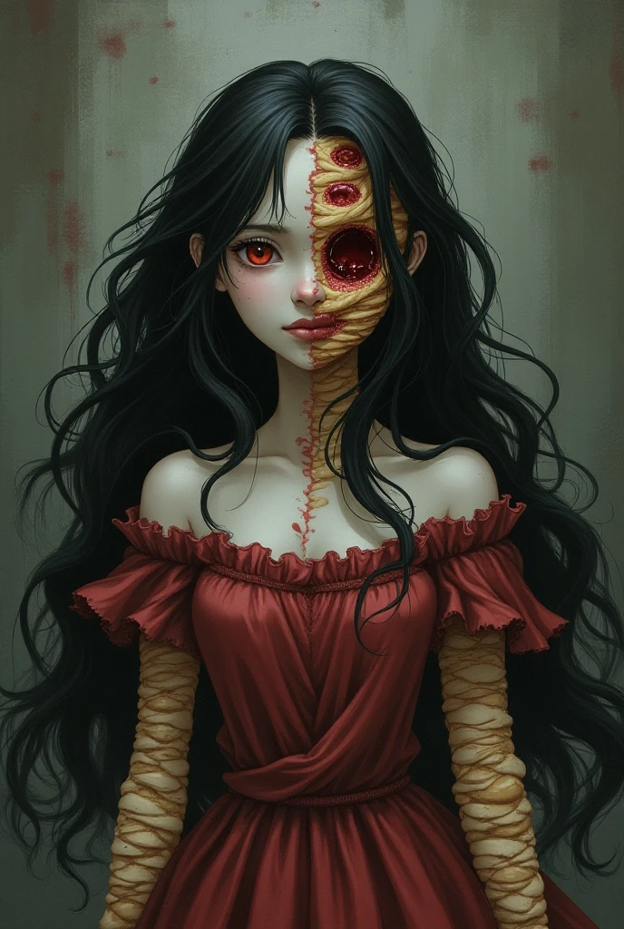 full body of naked girl with dark medium curly hair, covered in blood and guts, standing in the rain on a city street, sexy pose, holding a skull, horror style