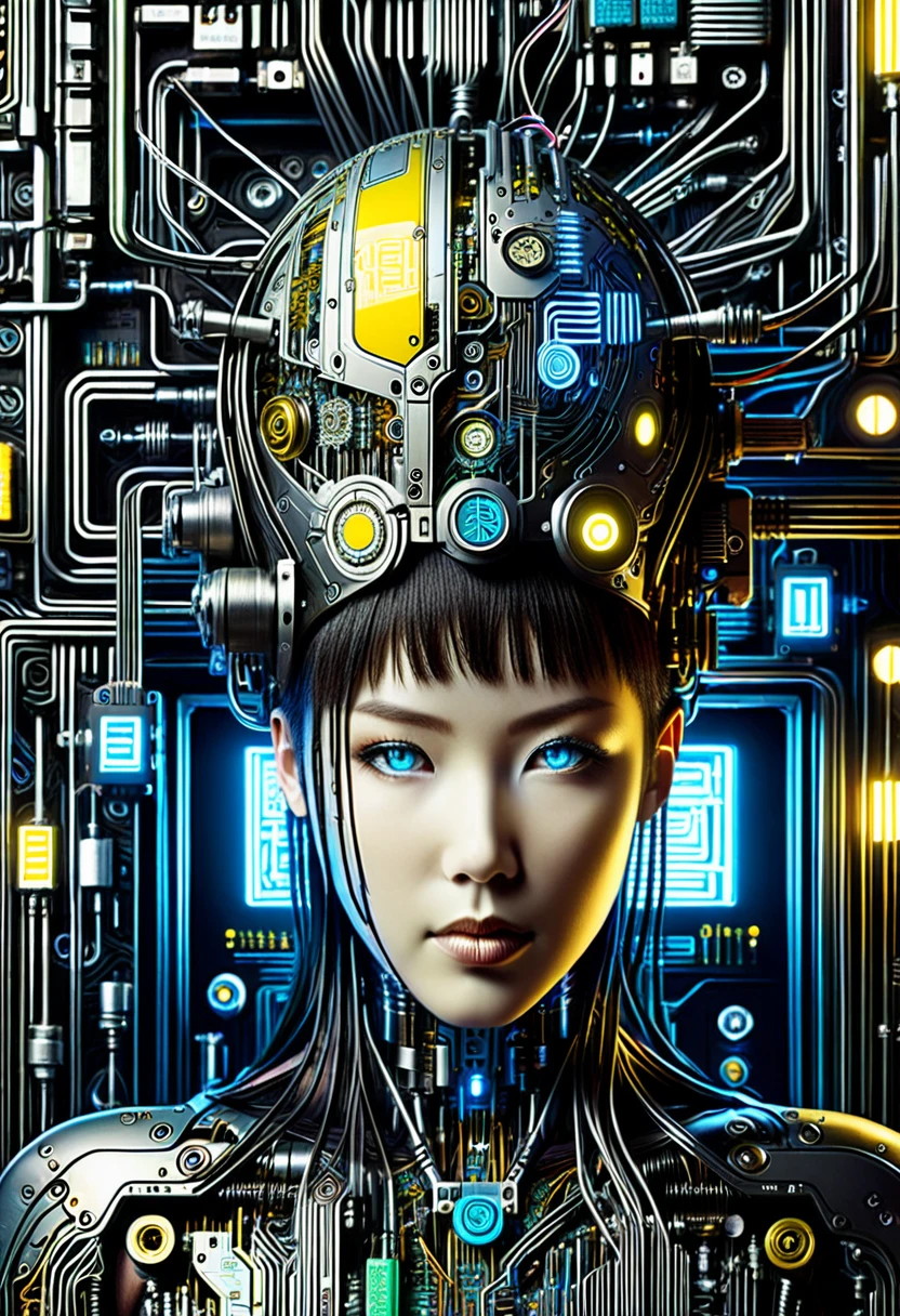 一幅          surrealism 的手绘数字插图展示了一个由无数彩色电线、A         surrealism hand-drawn digital illustration showing a humanoid figure intricately composed of circuit boards and mechanical parts。 The face is very similar to a human ，, but it is certainly true ， is wrapped around the head and neck Winding cables obscure the bright maze of 。 The vivid eyes look into the distance 、blue、 yellow and black wires In stark contrast ， to create a compelling visual effect where organic forms intertwine with machines。 enhance the futuristic yet unsettling atmosphere ， their soft light suggests the complex internal workings of this cybernetic organism 。The character's expression is neutral ， MicroLEDs and electronic components embedded everywhere ，A strange sense of contemplation amidst mechanical chaos。Soft background light，Highlighting the vibrant detail of wires and circuits， make the bright details of the wires and circuits stand out even more 。          surrealism ，Vibrant，Digital Painting， cyberpunk，mechanical，Texture，detail