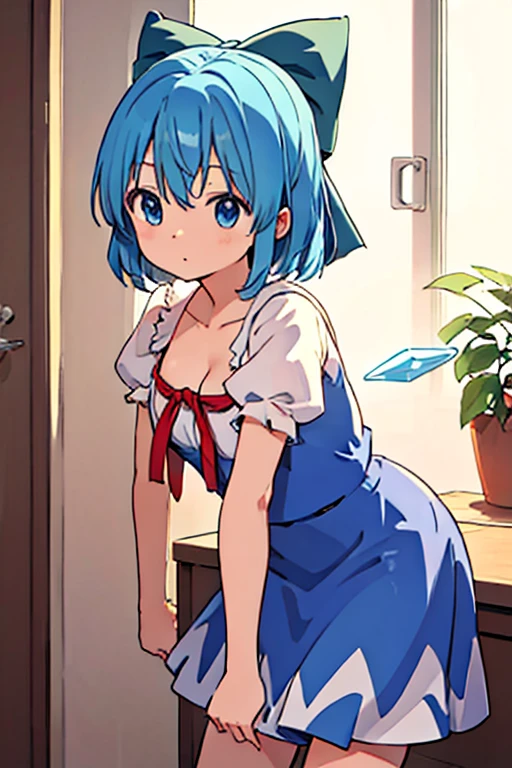 cirno_touhou　alone, indoors, indoors,　big breasts