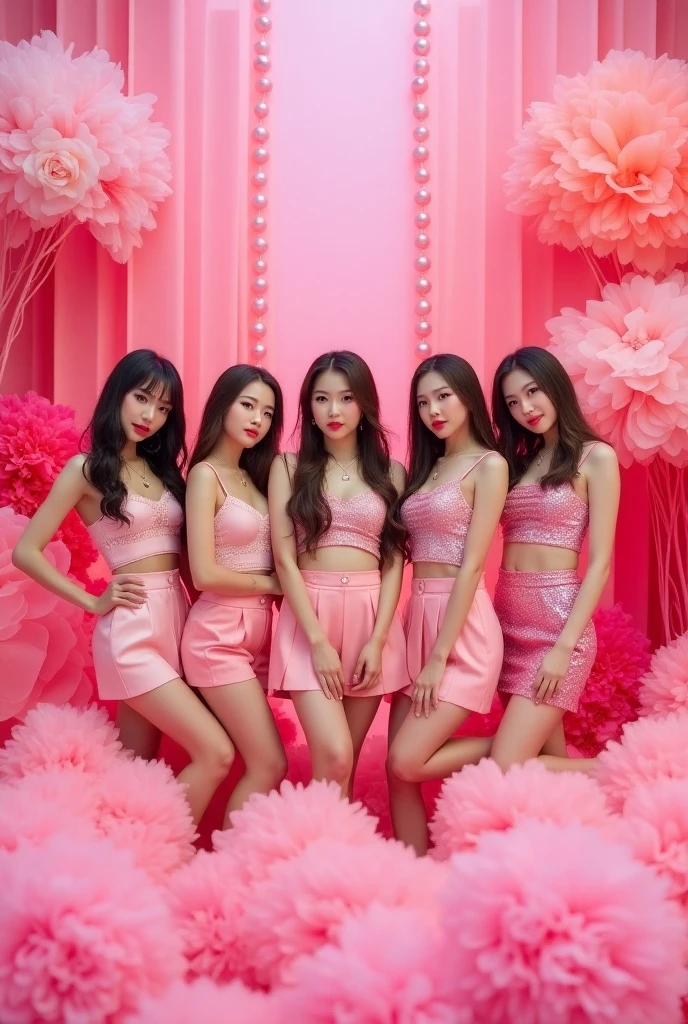 (photorealism:1.2), 6 beautiful young harem girls, sexy nude, big breasts, Pretty perfect faces like kendall jenner and young Jennifer Connelly and young Brooke Shields, straight hair, submissive looking at me, flirtatious and provocative with me, in pink Jacuzzi in pink luxurious bathroom of pink palace, realistic, intricate details