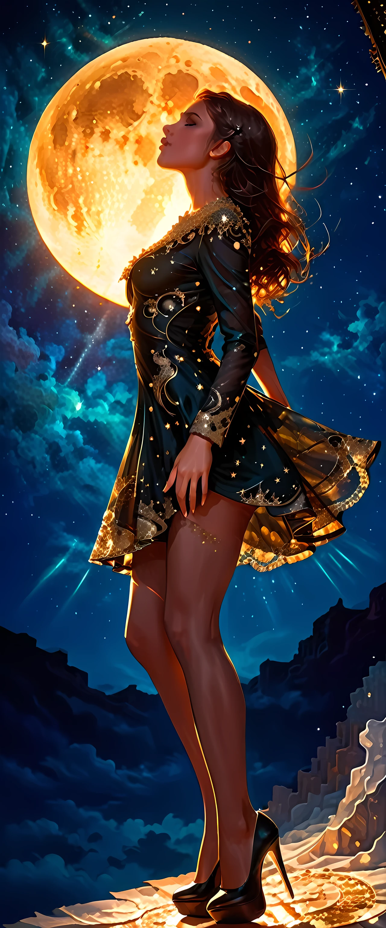 a beautiful model wearing an intricate clack dress, in a fashion show,  there are glowing stars on the dress, wearing high heels, it is night time the moon in the sky, fantasy art, 16K, full body, silhouette, from side, Ultra-Wide Angle, retina, UHD, best quality, 16k, highres, high details,