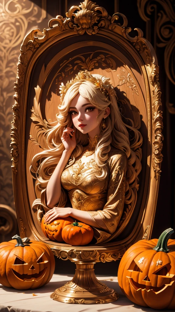 (A cute girl carved from a large pumpkin：1.1），（whole body），Beautiful long-haired girl，Retro court long skirt，16k，Orange，relief， and honest dining table background，Fruit carving，food engraving，Three-dimensional engraving，scenography，food sculpture design， close-up, rotated, rococo style, Classicism, depth of field, UHD, masterpiece, ccurate, super detail, high details, high quality, award winning, best quality, highres, 16k，soft light lighting，