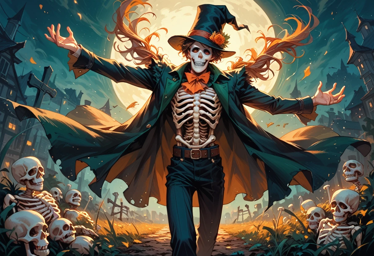 (1boy, solo, (open arms, floating above the ground)), (boy is Skeleton dressed as scarecrow)