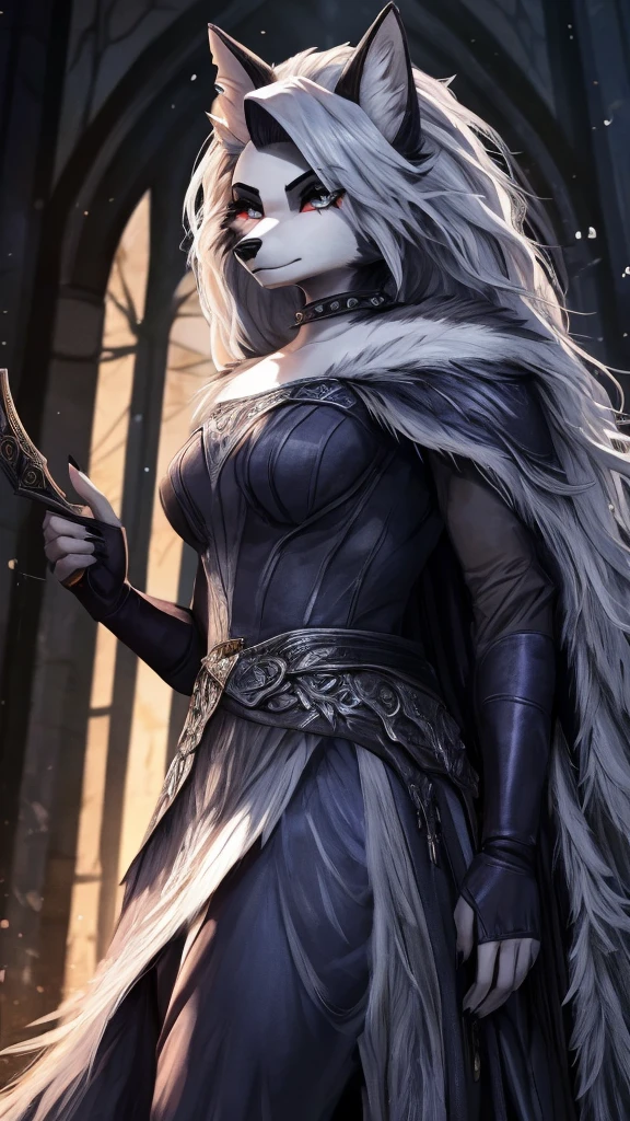 Loona from Helluva Boss, female wolf, mature adult, white hair, grey eyes, as Malenia Blade of Miquella (Elden Ring), tall, detailed, solo, beautiful, omnious, dark, anime, 4K