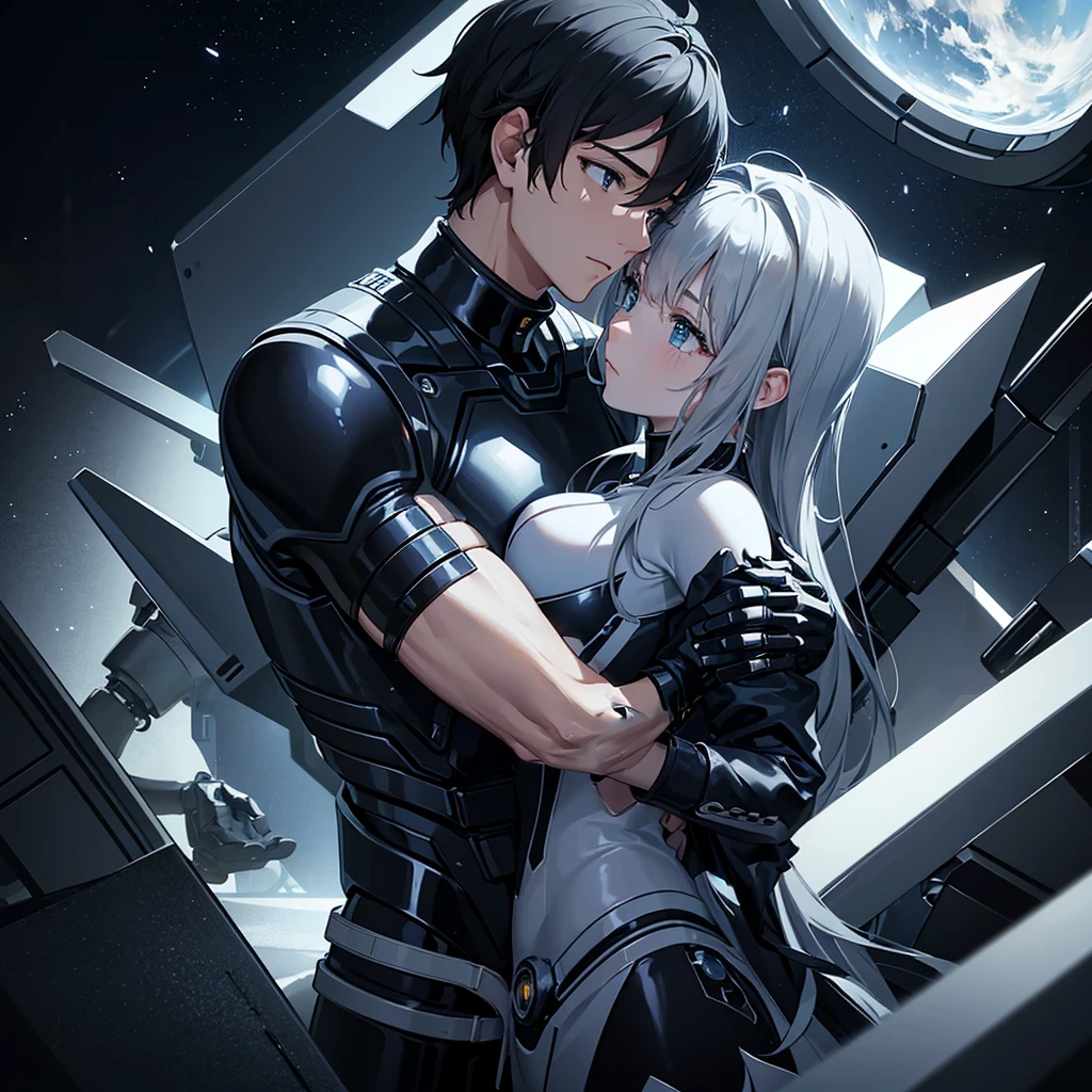 (masterpiece:1.2) (((32k))),(((Highest quality))), masterpiece, add_detail best quality, 8k, high resolution, Poster, Futuristic, blue shades, robotic man, male robot, human girl, girl and a robot love scene, girl and robot romantic scene, girl touching the robot check, in love, romantic, human girl and male robot, girl and robot in love, kissing, hugging, emotional, passion