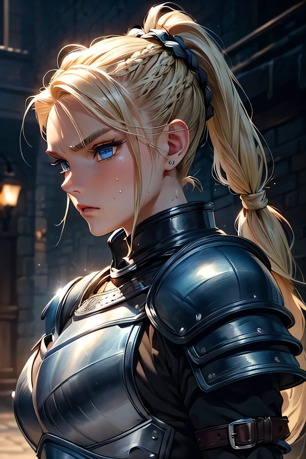 ultra high quality, a female knight is kneeling in shallow water, water ripples around her. She raises her arms and with open hands, blonde hair tied to a ponytail wit a red ribbon, blue eyes