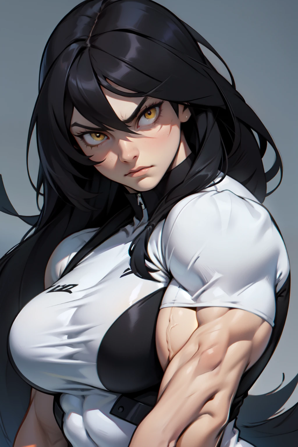 very long hair muscular girl pale skin black hair yellow eyes angry cleavage solo