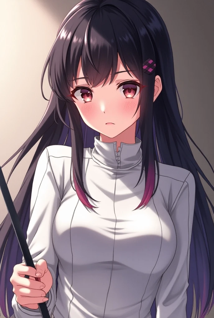 white turtleneck, black pencil shirt,black short skirt, belt,hair ornament, hair scrunchie,low ponytail, long hair, bangs, brunette, black hair, blunt bangs, red eyes, alone, 1 girl,Young female, 18 years old, very cute, smile, Beautiful Finger,Beautiful long legs,Beautiful body,Beautiful Nose,Beautiful character design, perfect eyes, perfect face,expressive eyes, looking at viewer, in the center of the image,(light smile:0.5), official art, outdoor, portrait, perfect lighting,Colorful, Bright_Front_face_Lighting,shiny skin, (masterpiece:1.0),(best quality:1.0), ultra high res,4K,ultra-detailed, photography, 8K, HDR, highres, absurdres:1.2, Kodak portra 400, film grain, blurry background, bokeh:1.2, lens flare, (vibrant_color:1.2), (beautiful face), (curvy body), ashamed, blushing, glossy lip rouge, glossy crimson rouge, jealousy, SFW, seductive, charming,(attractive,enchanting,fascinating,captivating,bewitching,enthralling,entrancing,attractive,gripping,engrossing)