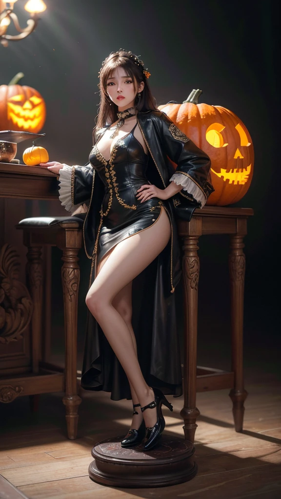 ( Cute Girl Carved with a Big Pumpkin：1.1），（whole body）， Beautiful Long Haired Girl ， Retro Coat Long Skirt ，16k，orange，peace of mind，  Honest Dining Table Background ， Fruit Carving ， Food Sculpture ，Three-dimensional sculpture，Stage Art ， Food Sculpture デザイン， close, Rotated, Rococo style, classicism,  depth of field, 超 High Resolution , masterpiece, Accurate,   Super Details ,  Growing from a High Place ,  high quality,  Award-winning,  best quality,  High Resolution , 16k，Soft Light Illumination，