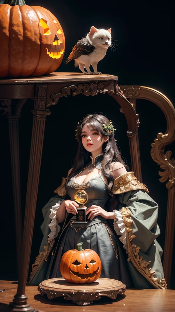 ( Cute Girl Carved with a Big Pumpkin：1.1），（whole body）， Beautiful Long Haired Girl ， Retro Coat Long Skirt ，16k，orange，peace of mind，  Honest Dining Table Background ， Fruit Carving ， Food Sculpture ，Three-dimensional sculpture，Stage Art ， Food Sculpture デザイン， close, Rotated, Rococo style, classicism,  depth of field, 超 High Resolution , masterpiece, Accurate,   Super Details ,  Growing from a High Place ,  high quality,  Award-winning,  best quality,  High Resolution , 16k，Soft Light Illumination，