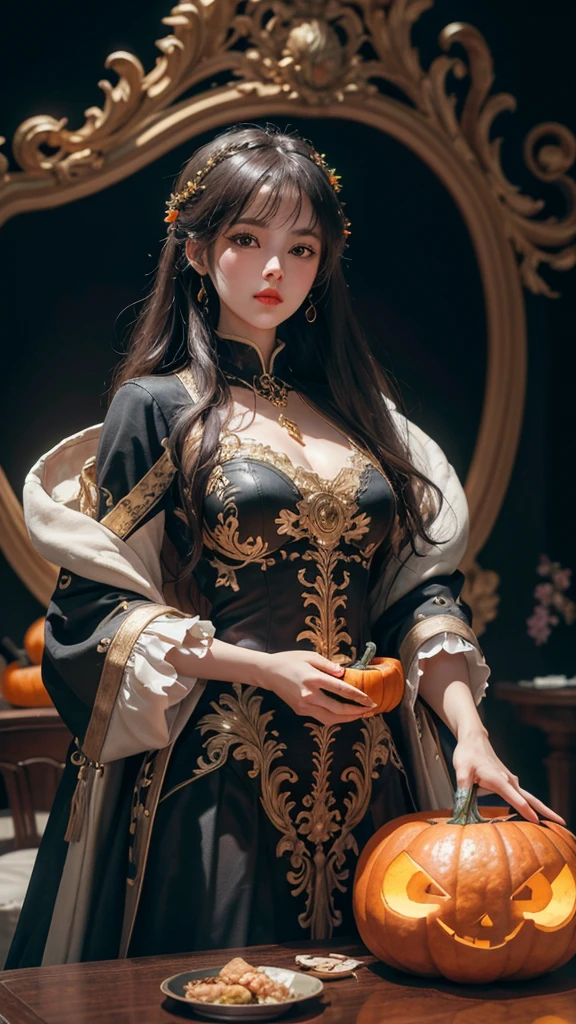 ( Cute Girl Carved with a Big Pumpkin：1.1），（whole body）， Beautiful Long Haired Girl ， Retro Coat Long Skirt ，16k，orange，peace of mind，  Honest Dining Table Background ， Fruit Carving ， Food Sculpture ，Three-dimensional sculpture，Stage Art ， Food Sculpture デザイン， close, Rotated, Rococo style, classicism,  depth of field, 超 High Resolution , masterpiece, Accurate,   Super Details ,  Growing from a High Place ,  high quality,  Award-winning,  best quality,  High Resolution , 16k，Soft Light Illumination，