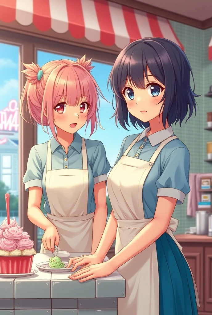 highest quality、High resolution、Detailed Background、(Beautiful face in every detail:1.4)、Anatomically correct、(Detailed facial expressions)、(Detailed eyes:1.2)、(Detailed eyes:1.2)、Teenage beauty、(Three Women)、(Highly detailed face:1.4)、cute hair color、Braided bob cut、Braided Ponytail、cute hairstyle、well-groomed eyebrows、Happy expression、A big smile、laughing、smile、A fun atmosphere、Cowboy Shot、Show upper body、

(Two girls eating ice cream and cake in a cute cafe:1.5)、

Ruffled or lace blouses、Bowtie camisole、flare skirt、Culottes with ribbon、Ribbon and flower motif hair accessories、
Choose sweet colors and designs、A neat and cute atmosphere、cute