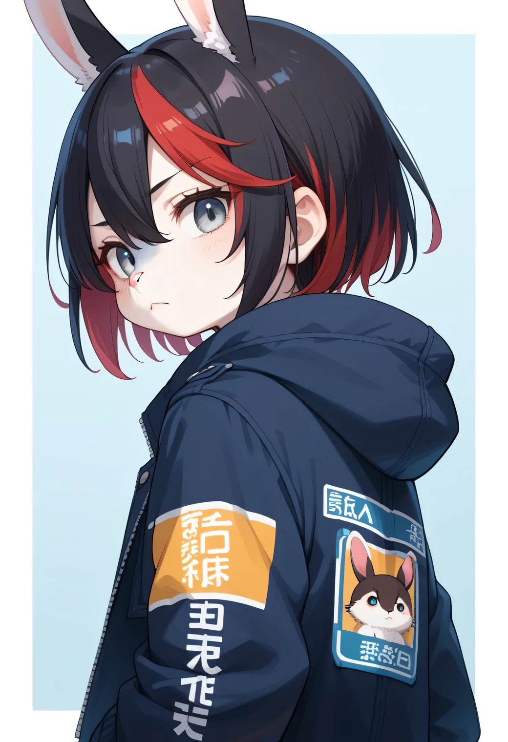 score_9, score_8_up, score_7_up, score_6_up, score_5_up, score_4_up, source_anime, best quality, amazing quality, very aesthetic, absurdres, 1girl, (furry, kemono1.2), rabbit, solo, black hair, jacket, multicolored hair, streaked hair, short hair, frown, sukajan, looking back, red hair, hair between eyes, upper body, from behind, sukajan , two-tone hair, blue eyes, print jacket, closed mouth, dutch angle, border, looking at viewer, grey eyes