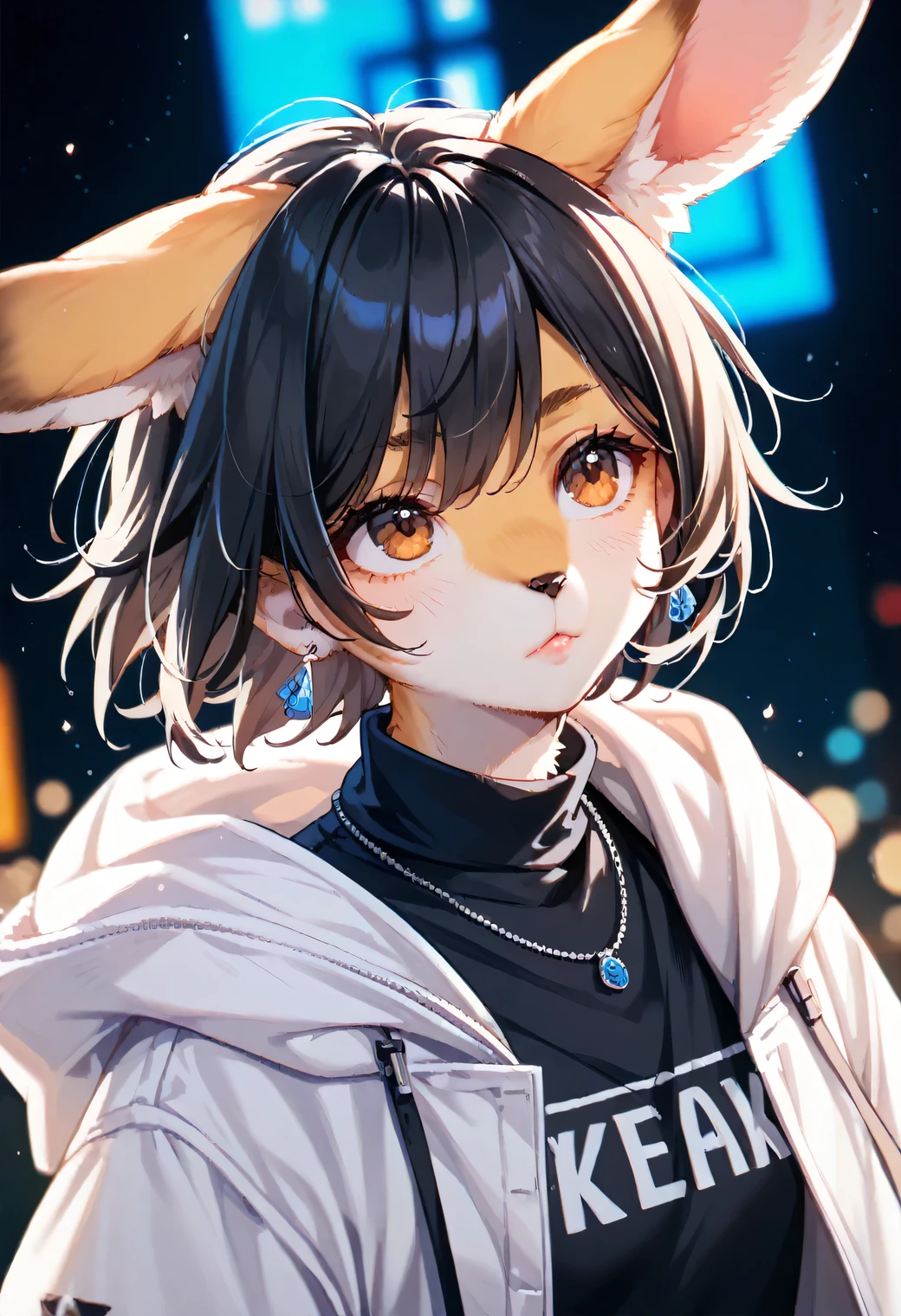 score_9, score_8_up, score_7_up, score_6_up, score_5_up, score_4_up, source_anime, best quality, amazing quality, very aesthetic, absurdres, 1girl, (furry, kemono1.2), rabbit, solo, jewelry, earrings, black hair, shirt, upper body, blurry, short hair, looking up, blurry background, lips, black shirt, nose, brown eyes, closed mouth, white jacket, A close-up view of a woman's face, the woman is wearing a white jacket with a black shirt underneath. The woman's hair is black, and she is looking to the left. Behind the woman, there is a black background with white Chinese characters on it. To the right of the woman's head is a blue wall with white lettering.