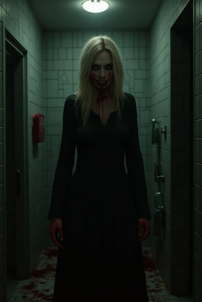 man ultra realistic horror film ,slasher movie,behind a blonde woman crawling on the floor in a bloody outfit screaming, in the ultra realistic hallway, , ultra realistic very detailed slasher scene,very realistic night with very realistic red sky,very detailed very dark city,hyperrealistic,hyperdetailed,4k,image from horror halloween movie