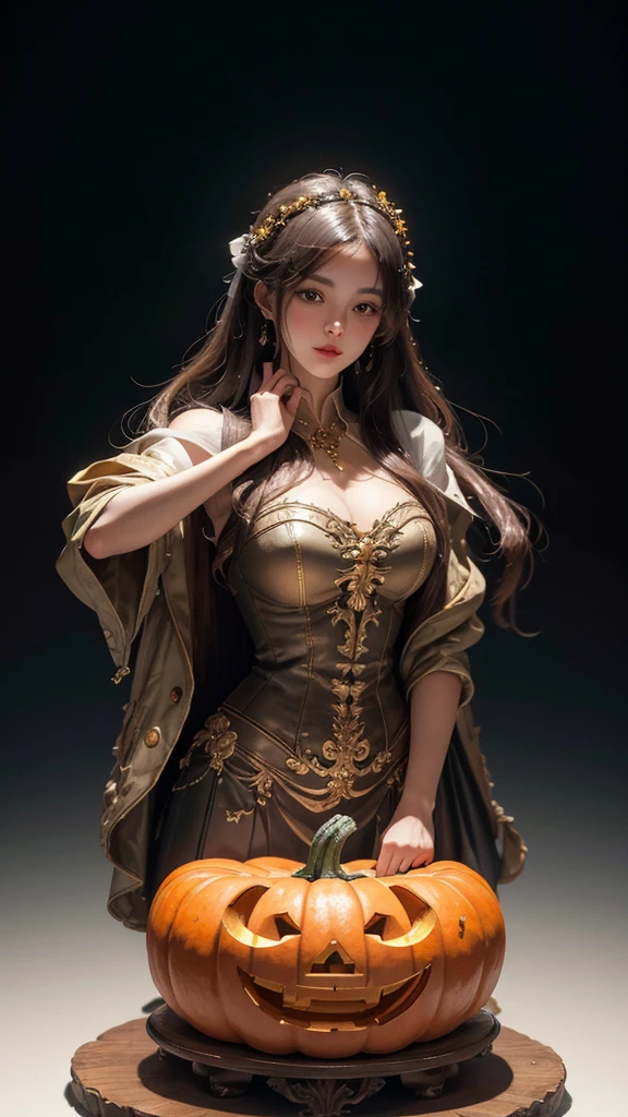 ( Cute Girl Carved with a Big Pumpkin：1.1），（whole body）， Beautiful Long Haired Girl ， Retro Coat Long Skirt ，16k，orange，peace of mind，  Honest Dining Table Background ， Fruit Carving ， Food Sculpture ，Three-dimensional sculpture，Stage Art ， Food Sculpture デザイン， close, Rotated, Rococo style, classicism,  depth of field, 超 High Resolution , masterpiece, Accurate,   Super Details ,  Growing from a High Place ,  high quality,  Award-winning,  best quality,  High Resolution , 16k，Soft Light Illumination，