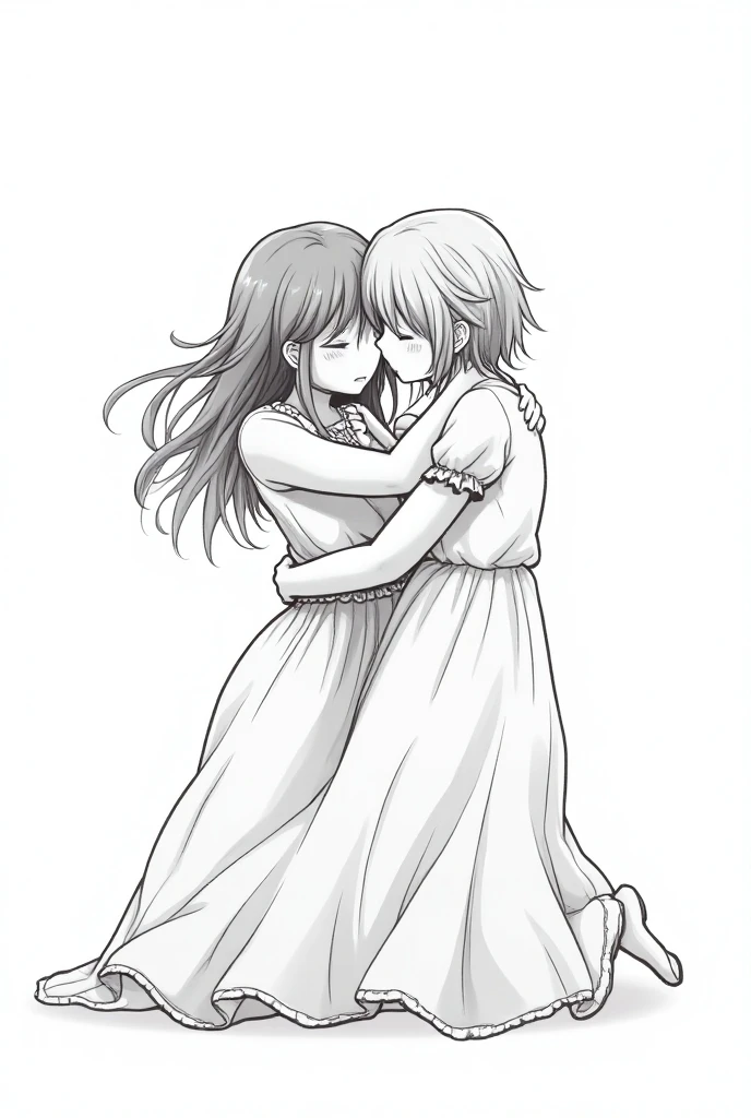 a drawing of two girls hug each other, Download contents, twin tails, arm around her neck, thick line drawing, hug each other, two beautiful anime girls, beautiful anime outline, naughty anime style, anime sketch, line sketch!!, monochrome artwork!!, perfect line drawing, line drawing, anime style drawing, two girls, sisters, variable line drawing