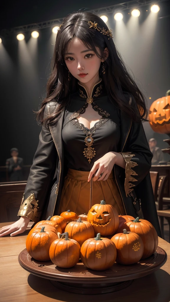 ( Cute Girl Carved with a Big Pumpkin：1.1），（whole body）， Beautiful Long Haired Girl ， Retro Coat Long Skirt ，16k，orange，peace of mind，  Honest Dining Table Background ， Fruit Carving ， Food Sculpture ，Three-dimensional sculpture，Stage Art ， Food Sculpture デザイン， close, Rotated, Rococo style, classicism,  depth of field, 超 High Resolution , masterpiece, Accurate,   Super Details ,  Growing from a High Place ,  high quality,  Award-winning,  best quality,  High Resolution , 16k，Soft Light Illumination，